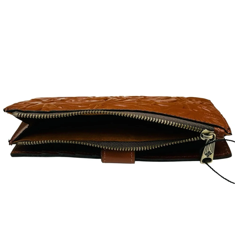Patricia Nash Nazari Tooled Leather Bifold Wallet Florence Tan Brown Print RFID